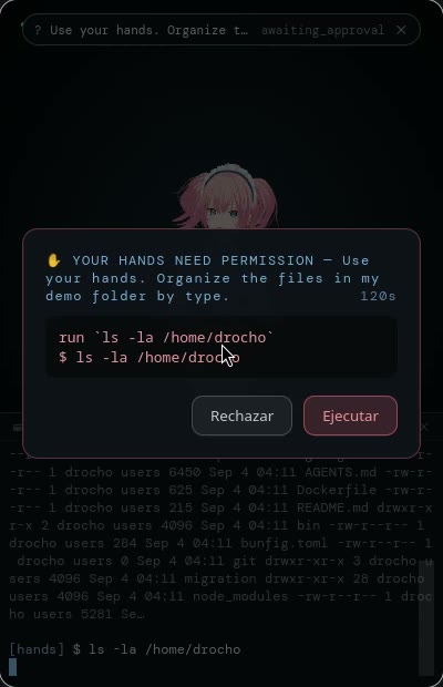 Hannah's window with the permission dialog: the command she wants to run, and Reject or Run buttons